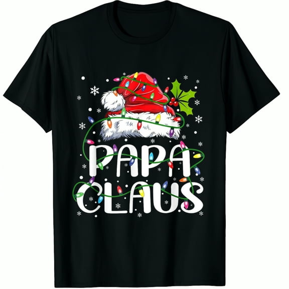 Christmas Black Papa Claus Santa Hat Lights Snowflakes Holiday Party Wear Graphic T-Shirt for Men and Women
