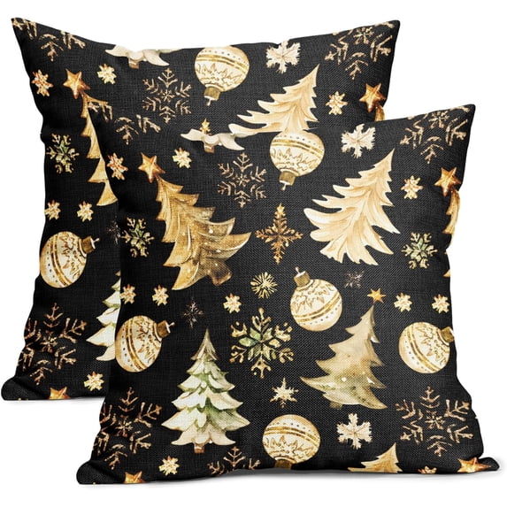 Christmas Black Pillow Covers 16X16 Inch Gold Xmas Tree Snowflakes Decorative Pillow Cases Set of 2 Winter Holiday Throw Pillows Farmhouse Home Decor for Sofa Couch Cushion Outdoor