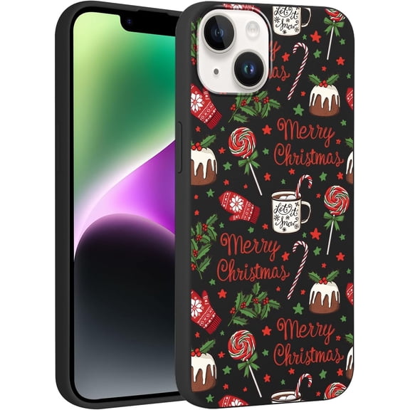Christmas Black Print Phone Case for iPhone 14/iPhone 13 6.1", with Aesthetics Pattern Design Soft TPU Silicone Xmas Cases, Shockproof Bumper Protector Camera Girls Women Cover, Cake Stars