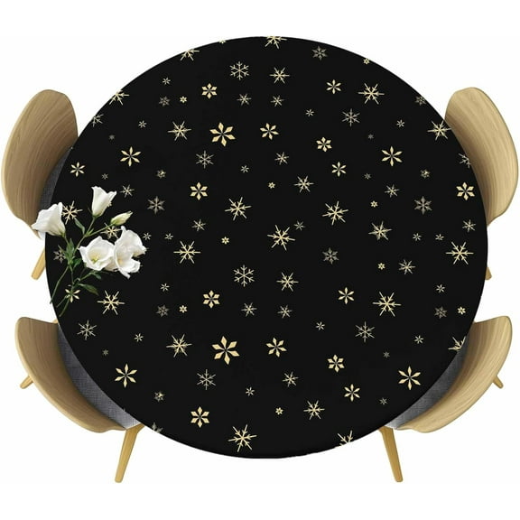 Christmas Black Round Tablecloth 45-54 Inch Round Fitted Table Cloth with Elastic Edge, Winter Snowflakes Xmas Retro Waterproof Table Cover Protector for Outdoor Picnic Party Dining