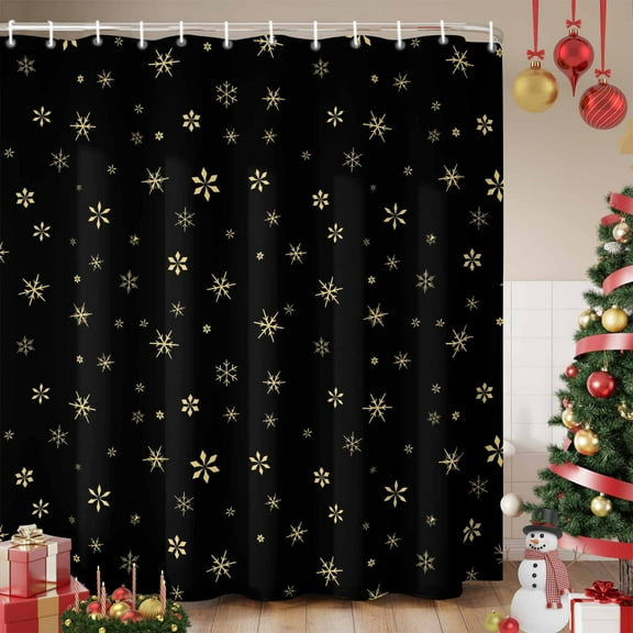 Christmas Black Shower Curtain, Winter Snowflakes Xmas Retro Waterproof Fabric Shower Curtains with 12 Hooks, Bathroom Curtain Set for Bathroom Accessories Decor, 36 x 72 Inches
