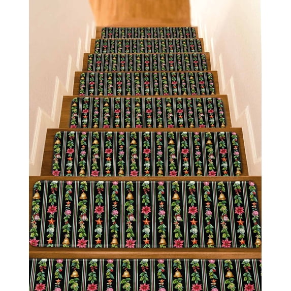 Christmas Black Stair Treads for Wooden Steps Indoor Runner Rug Carpet, Xmas Poinsettia Leaves Farmhouse Stripes 4 Pieces Peel and Stick Staircase Step Treads Covers Washable Throw Door Mats, 30"x8"