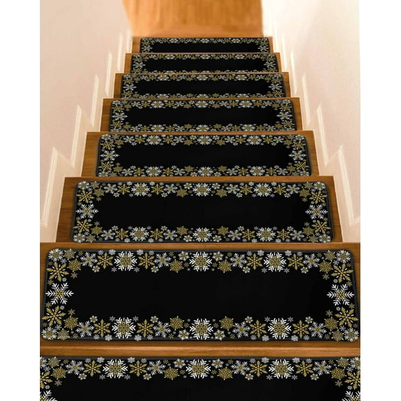 Christmas Black Stair Treads for Wooden Steps Indoor Runner Rug Carpet,Xmas White Golden Snowflakes Retro Rustic 4 Pieces Peel and Stick Staircase Step Treads Covers Washable Throw Door Mats,30"x8"