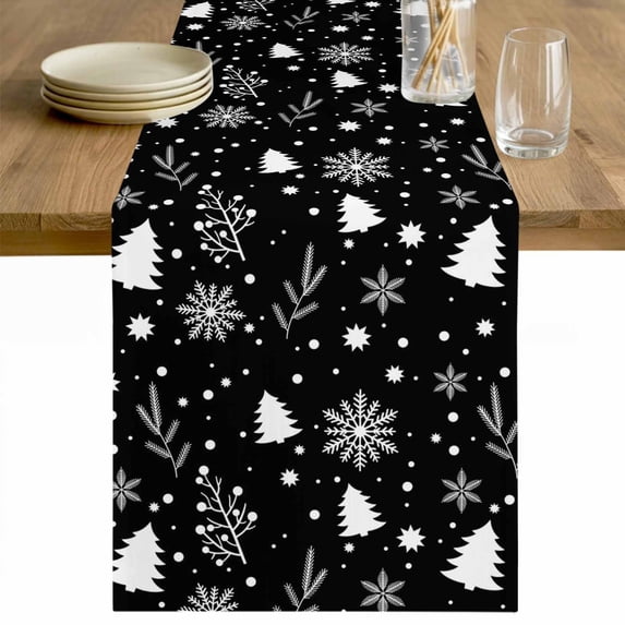 Christmas Black Table Runner 72 Inches Long Farmhouse Dress Scarves, Xmas Tree Winter Snowflakes Plants Holiday Dining Tablerunner for Coffee Table/Kitchen Island/Party Décor, 13" x 72"