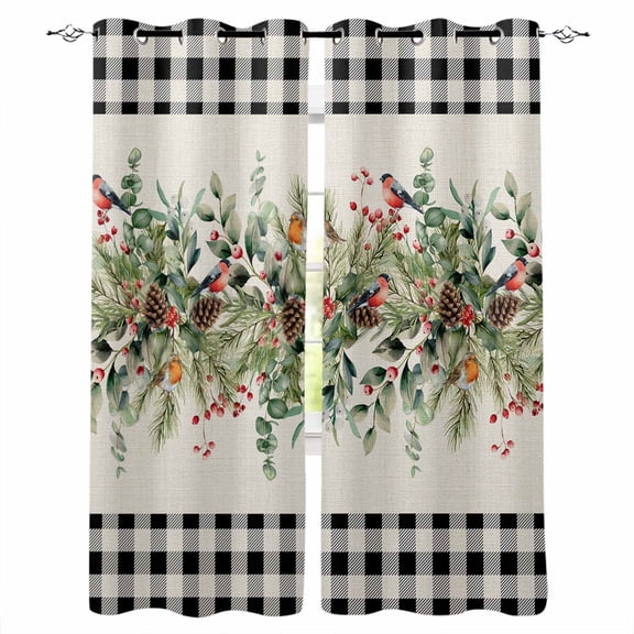 Christmas Blackout Curtains 45 Inches Long for Bedroom,Winter Poinsettia Leaf Xmas Birds Eucalyptus Berry Thermal Insulated Room Darkening Black Out Window Curtain Panels Grommet Living Room Drapes