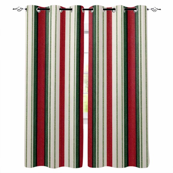 Christmas Blackout Curtains for Bedroom 45 Inch Length 2 Panels Set, Green Red Beige Striped Farmhouse Lines Thermal Insulated Energy Saving Window Treatment Curtains Blackout Drapes 52"x45"
