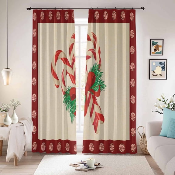 Christmas Blackout Curtains for Bedroom/Living Room, Pinch Pleated Black Out Curtains, Xmas Candy Cane Winter Bow Pine Branch Room Darkening Window Drapes with Hooks 2 Panels, 59"x70"