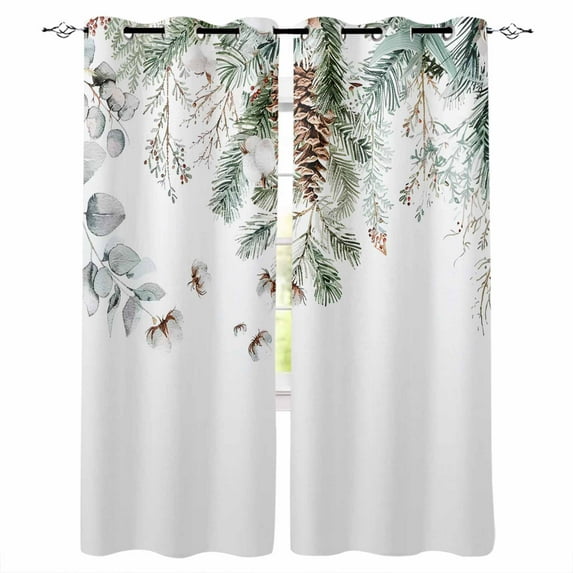 Christmas Blackout Curtains for Bedroom/Living Room, Thermal Insulated Kitchen Curtains, Pinecone Eucalyptus Leaves Xmas Botanical Grommet Darkening Window Treatment Drapes 42"x63"x2