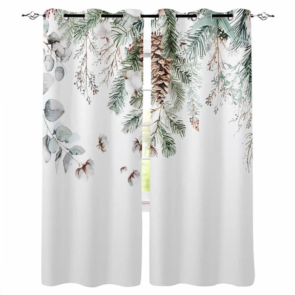 Christmas Blackout Curtains for Bedroom/Living Room, Thermal Insulated Kitchen Curtains, Pinecone Eucalyptus Leaves Xmas Botanical Grommet Darkening Window Treatment Drapes 27.5"x39"x2