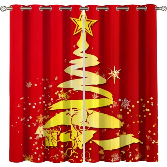 Christmas Blackout Curtains, Gold Christmas Tree Pattern Window Curtains for Bedroom Living Room Kitchen, Thermal Insulated Grommet Drapes 26"W x 45"L (2 Pack)