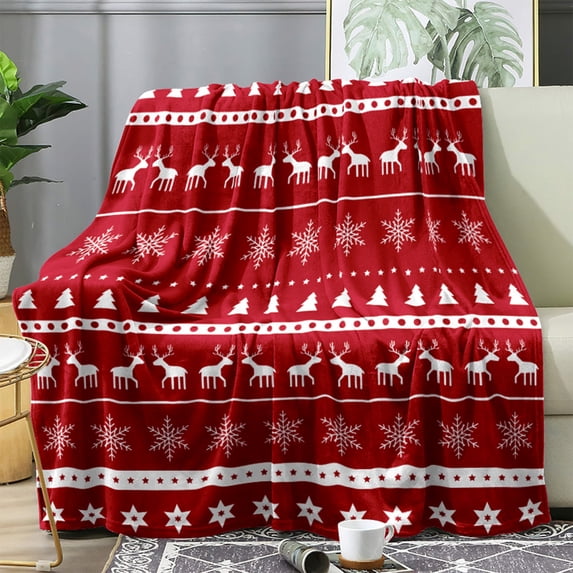 Christmas Blanket 27-80in Red Snowflake Flannel Soft Warm Throw for Sofa Bed Holiday Gift by OVFUIZ