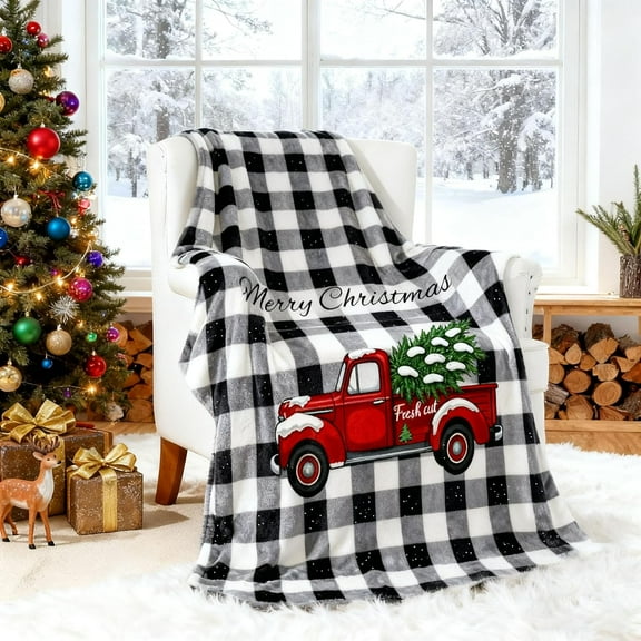 Christmas Blanket, Black and White Plaid Red Truck Christmas Decorations Winter Warm Flannel Blanket Farmhouse Holiday Xmas Blankets for Couch Gifts for Users Women,50"x 60"