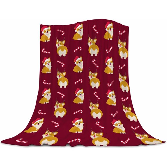 Christmas Blanket Candy Cane Corgi Blanket, Soft Lightweight Flannel Warm Cozy Christmas for Users Adults 60"x50"