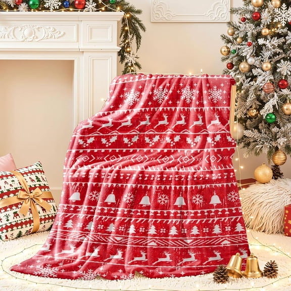 Christmas Blanket, Christmas Decorations Gifts for Women, Flannel Fleece Winter Holiday Blanket, Fluffy Cozy Soft Christams Throws Blanket, Reindeer Xmas Tree Snowflake, Red, 50" X 60"