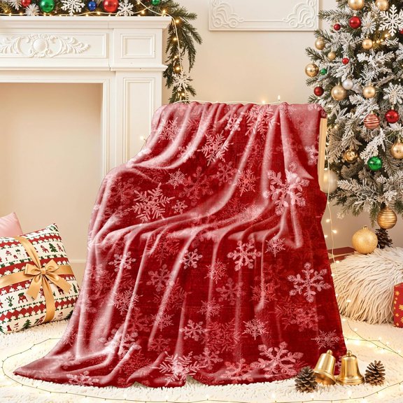 Christmas Blanket, Christmas Decorations Gifts for Women, Flannel Fleece Winter Holiday Blanket, Fluffy Cozy Soft Christams Throws for Couch Sofa Bed, Snowflake Design, Red, 50" X 60"