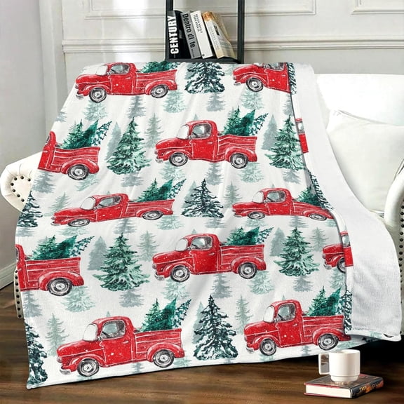 Christmas Blanket Country Rustic Red Truck with Tree Design Blanket Soft Cozy Fuzzy Flannel Blankets for Couch Bed Sofa Christmas Living Room Decor Blankets Gifts for All Season 50x60 Inch