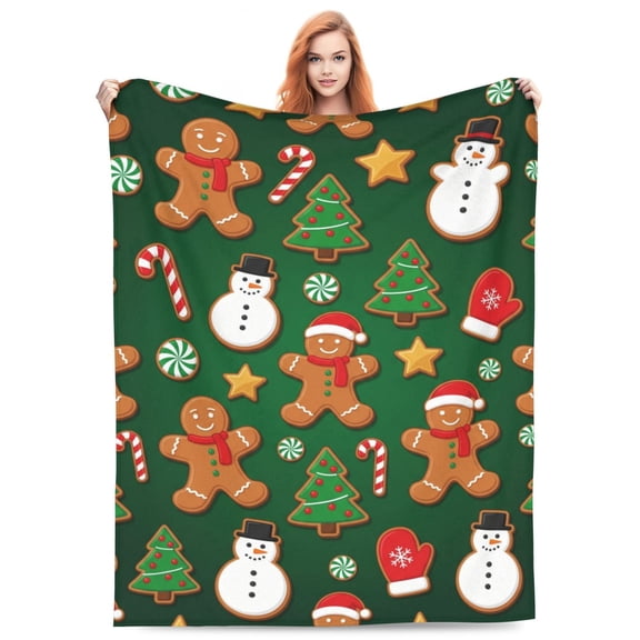 Christmas Blanket, Flannel Green Gingerbread Man Snowman Print, All Season Throw, Plush Warm Cozy Soft Blanket 50x40