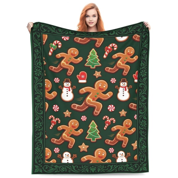 Christmas Blanket, Green Gingerbread Man Snowman Theme, Soft Cozy Flannel Throw for Couch Sofa 50x40