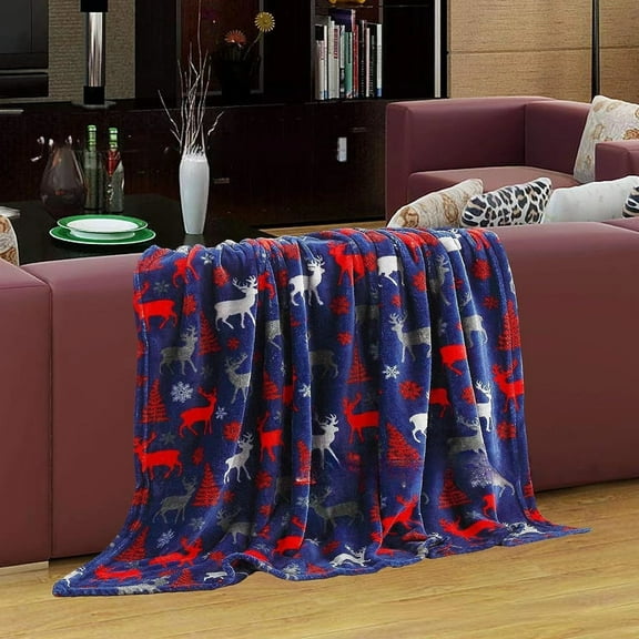 Christmas Blanket, Holiday Blanket, Double Sided Velvet Christmas Throw, Flannel Printed Polyester Blanket in Dark Blue for Sofa Bedding Decor