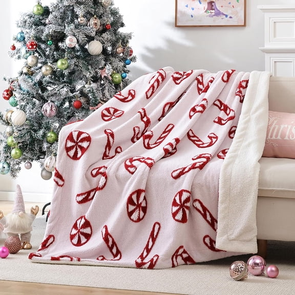 Christmas Blanket, Pink Blankets for Couch, Fleece Blankets with Candy Cane Pattern, Tufted Soft Microfiber Bed Blanket, 60" x 80"