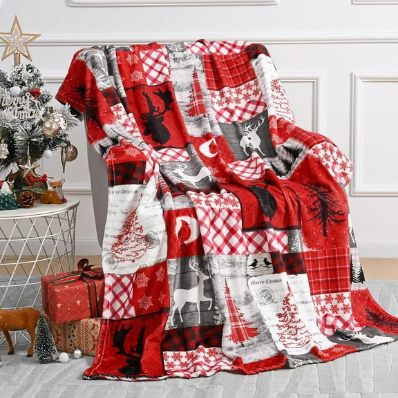 Christmas Blanket Red Buffalo Plaid Christmas Throw Blanket, Reindeer Christmas Blankets and Throws Soft Warm Flannel Christmas Throw Blankets for Couch, Bed, Sofa, 50 x 60 Inch