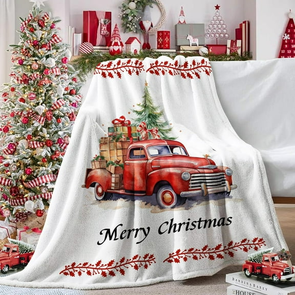 Christmas Blanket, Red Truck Throw Blanket Xmas Gifts Blanket for Sofa Bed Couch, New Year Decoration Flannel Fleece Merry Christmas Decor Bedding Throw for Kids Adult 60'''' x 50''''
