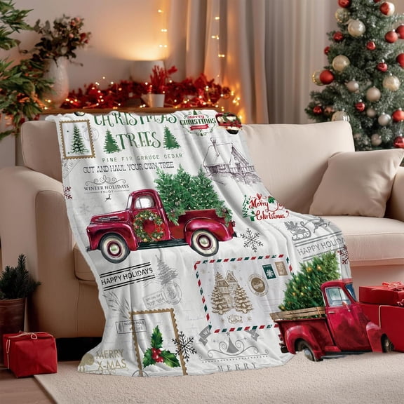 Christmas Blanket, Red Truck Tree Farmhouse Holiday Xmas Blanket for Bed Sofa Travel and Camping, Super Soft Cozy Fluffy Plush Blanket for All Seasons, 50" x 60"