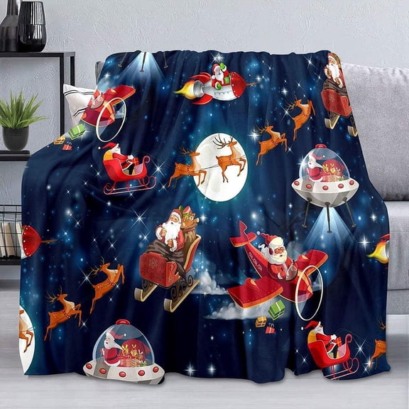Christmas Blanket, Santa Claus Reindeer Rocket Outer Space Starry Sky Galaxy Blanket, Navy Blue, 60"x80"