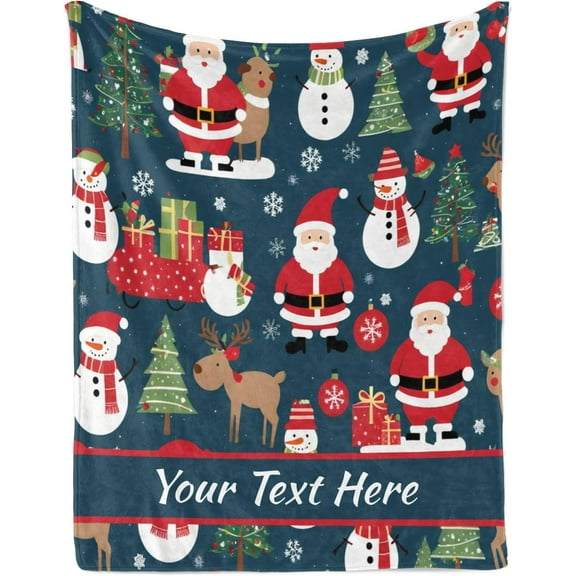 Christmas Blanket Santa Claus and Snowman, Personalized Blanket with Name, Cozy Fleece Blanket for Bed Couch Living Room, 50" x 60"