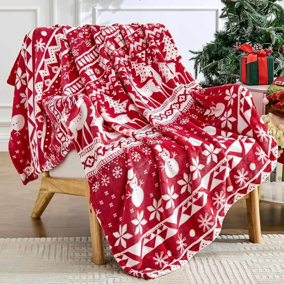 Christmas Blanket Soft Cozy Fleece Throws with Snowman Snowflake Reindeer and Xmas Trees Print, Fuzzy Warm Christmas Throw Blanket for Couch Bed Holiday Decorations Gifts 50"x60" (Red)