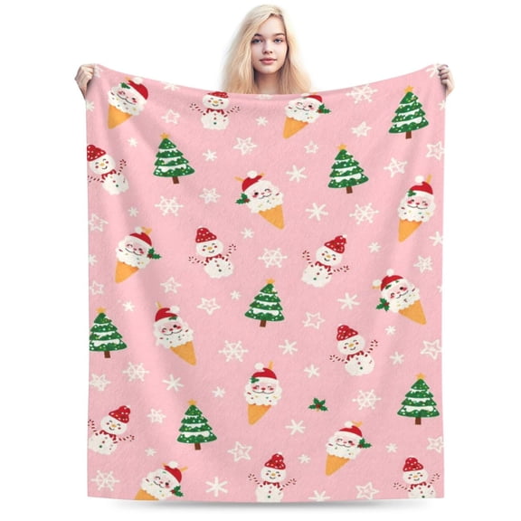 Christmas Blanket Soft Cozy Pink Throws with Snowman Snowflake Santa Claus and Xmas Trees Print, Fuzzy Warm Christmas 50x40