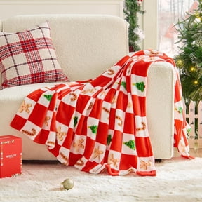 Christmas Blanket Twin Size \u2013 Red and White Checkered Holiday Throw with Gingerbread Man, Candy Cane & Christmas Tree Pattern, Soft Fleece Christmas Blanket for Home Décor & Gift, 60"x80"