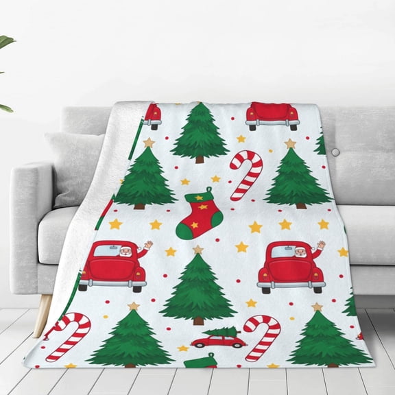 Christmas Blanket - White Holiday Throw with Santa Claus & Snowman - Warm Cozy Winter Blanket 50x40