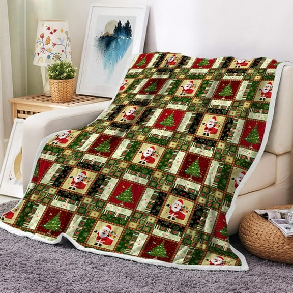 Christmas Blanket, Winter Vintage Santa Claus Xmas Tree Flannel Blankets Throws, Green Red Plaid Printed Holiday Soft Cozy Throw Blanket for Bedroom Living Room Dorm Chair Sofa Travel 60X80IN