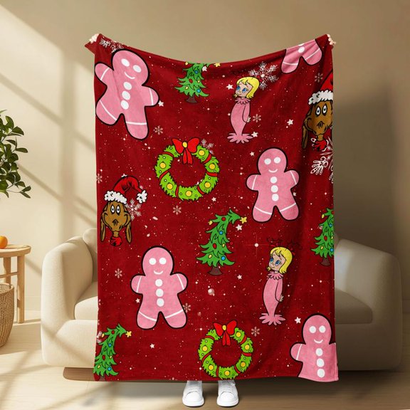Christmas Blanket with Gingerbread Tree Wreath Patterns, Warm Soft Bright Festive Décor for Sofa Bed, Ideal Holiday Home Decor