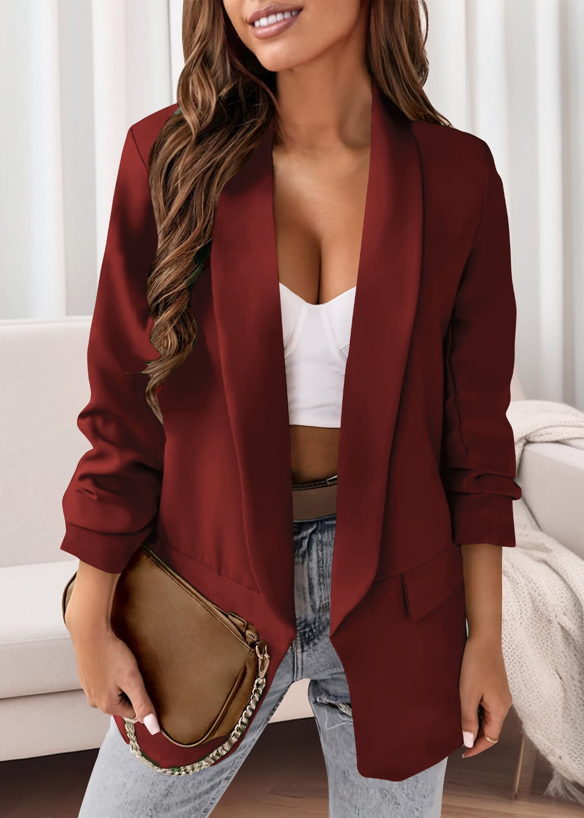 KBODIU Women's Casual Blazers, Turn Collar, Long Sleeve, Polyester