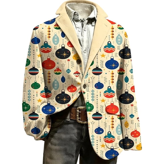Christmas Blazer Men Mens Xmas Party Dinner Prom Printed Suit Jacket Corduroy 3 Button Casual Sports Coats