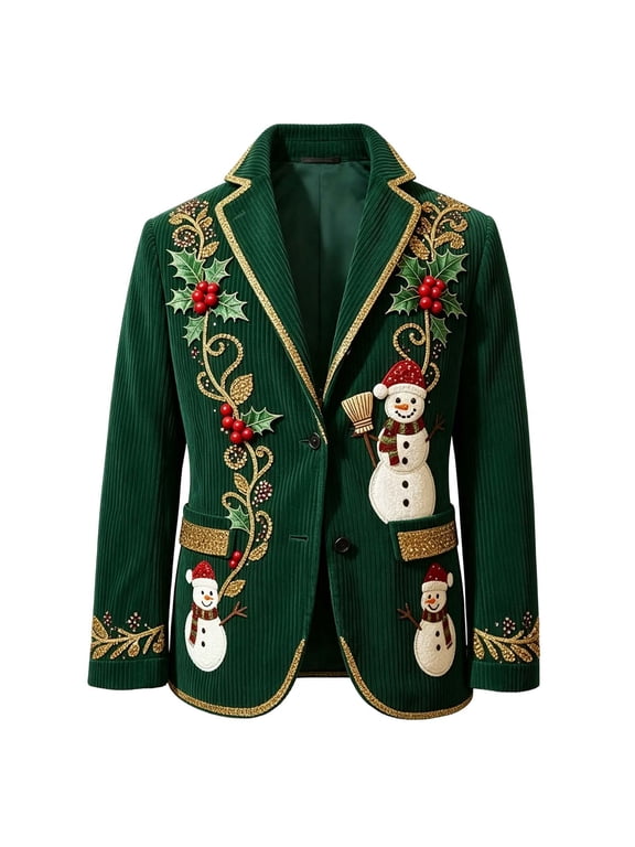Christmas Blazer Men Mens Xmas Party Dinner Prom Printed Suit Jacket Corduroy 3 Button Casual Sports Coats