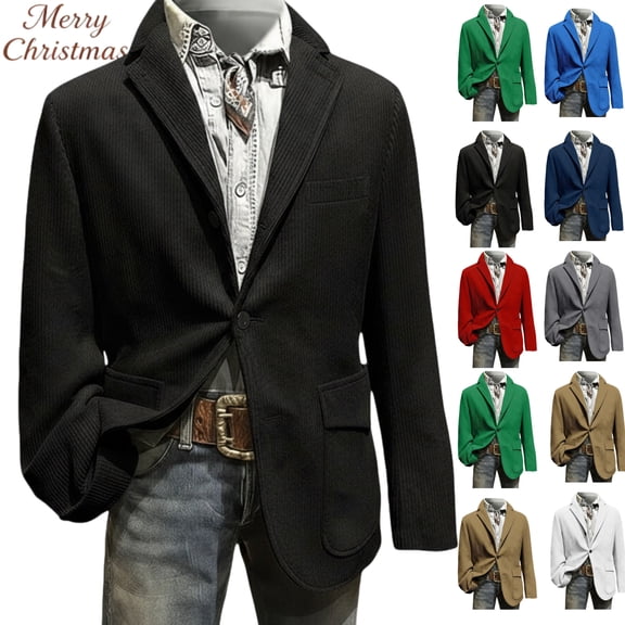 Christmas Blazer Men Tall and Big Corduroy Notch Lapel Collar One Button Holiday Jacket Long Sleeve Party Xmas Business Office Blazers with Pockets