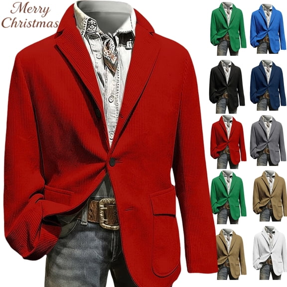 Christmas Blazer Men Tall and Big Corduroy Notch Lapel Collar One Button Holiday Jacket Long Sleeve Party Xmas Business Office Blazers with Pockets