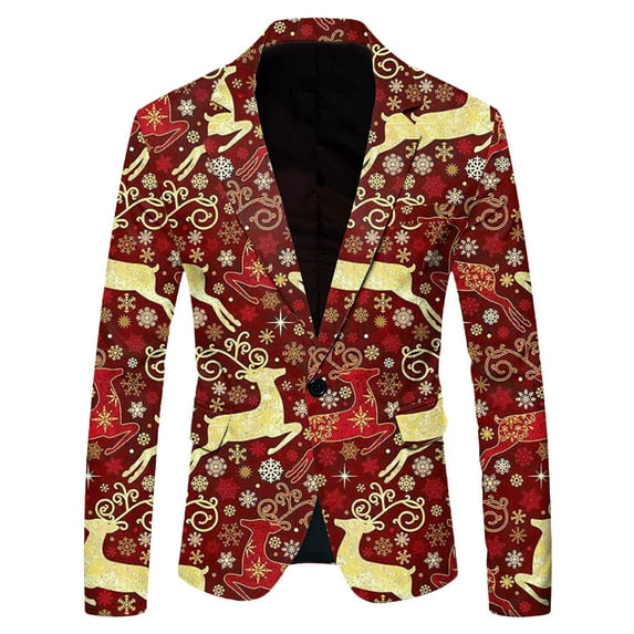 Christmas Blazer Men's Christmas Snowflake Santa Claus Printed Pocket Lapel Buttoned Blazer Suit Jacket Suit