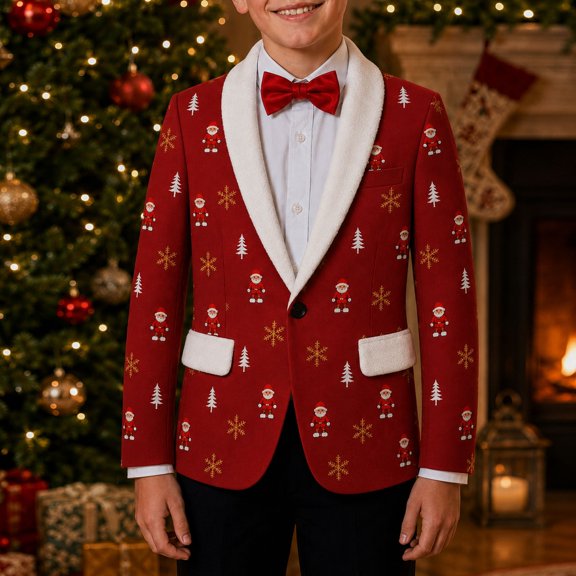 Christmas Blazer for Kid Boys Vintage Print Jacket Funny Xmas Graphic Blazer (Red1)
