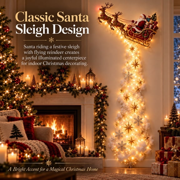 Christmas Blessing Cloud Trail Wall Light Collection, Illuminated Snowflake and Star Santa Sleigh with Reindeer Cloud Trail, Lighted Christmas Wall Decor for Office Bedroom