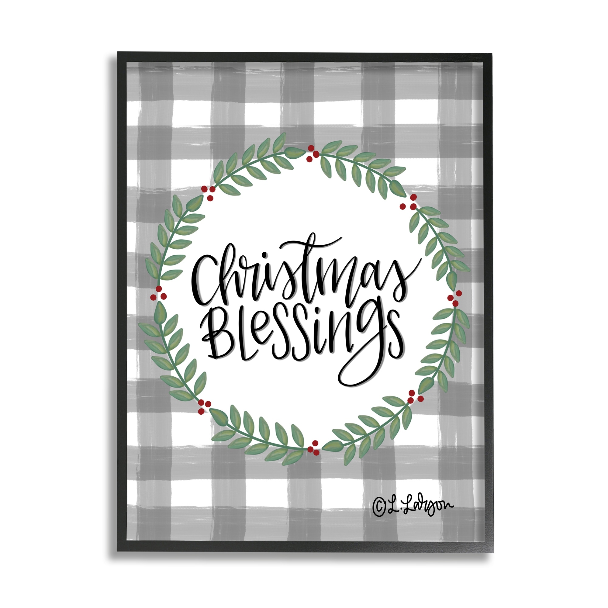 Christmas Blessings Calligraphy Tartan Holly Sprigs Border Inspirational Graphic Art Framed Art Print Wall Art