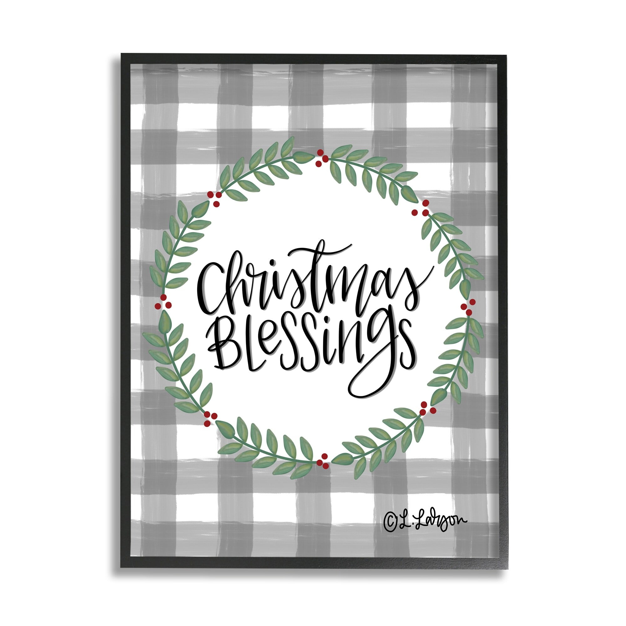 Christmas Blessings Calligraphy Tartan Holly Sprigs Border Inspirational Graphic Art Framed Art Print Wall Art