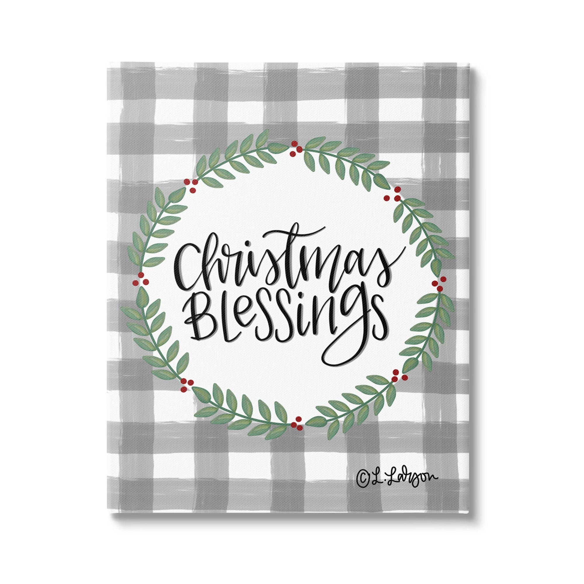 Christmas Blessings Calligraphy Tartan Holly Sprigs Border Inspirational Graphic Art Gallery-Wrapped Canvas Print Wall Art