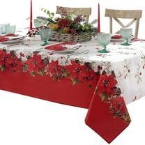 Christmas Blooming Poinsettia’s Double Bordered 60 x 84 inch Rectangle Fabric Tablecloth, Holiday Red and White Poinsettia Dining Table Cover