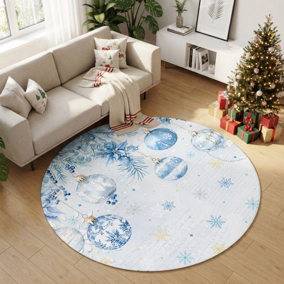 Christmas Blue Ball 3FT Round Area Rug Winter Farmhouse Flowers Snowflake Pine Leaf Small Round Rugs Non-Slip, Ultra-Thin Washable Rug Low Pile Circle Carpet for Bedroom Kitchen Nursery