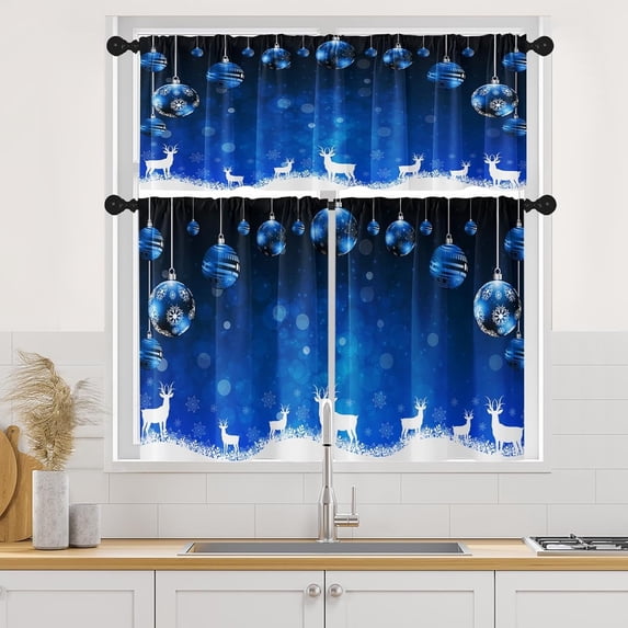 Christmas Blue Ball Kitchen Curtains Window Curtains and Valances Set 36 Inch, Happy Silver Snow Deer Winter Xmas Short Tier Curtain for Kitchen, Christmas Small Kitchen Decor