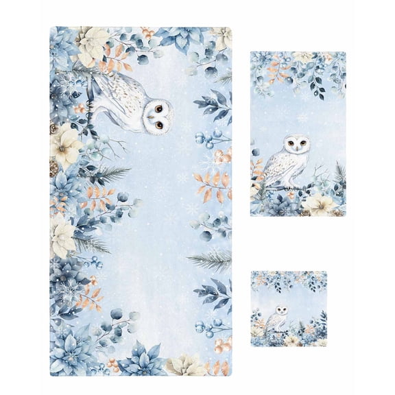 Christmas Blue Bath Towels for Bathroom Set,Luxury Microfiber Towels Gifts for Women,Quick Dry Beach Hand Hair Face Towel and Dish Washcloth,Winter Owl Snowy Eucalyptus Leaves Poinsettia Towels+Set